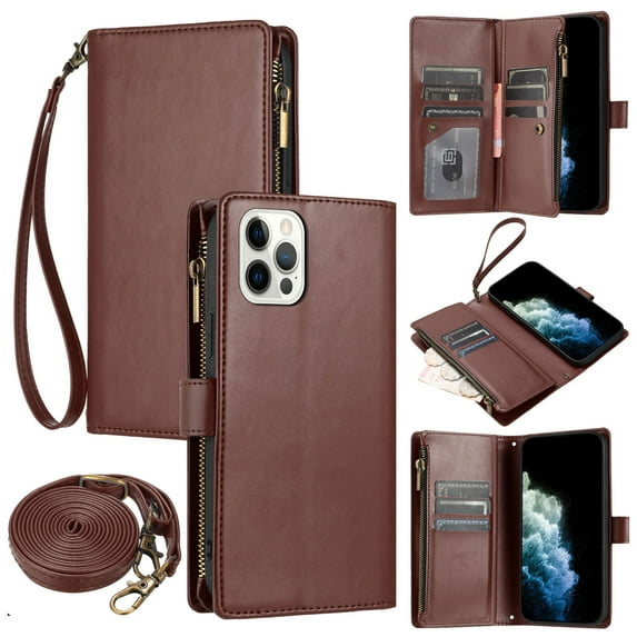 ELEHOLD Wallet Case for iPhone 15 Pro, with 9 Card Slots Cash/Zipper Pocket Detachable Wrist Strap Crossbody Shoulder Strap Magnetic Clasp Kickstand Luxury Purse Case for iPhone 15 Pro,Brown