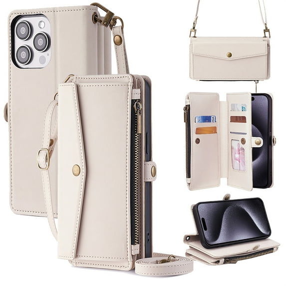 ELEHOLD Wallet Case for iPhone 15 Pro Max,RFID Blocking Card Holder Flip Folio PU Leather Kickstand Shockproof Protective Phone Case with Hand Crossbody Strap for iPhone 15 Pro Max,White