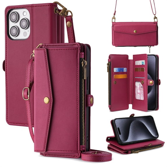 ELEHOLD Wallet Case for iPhone 15 Pro Max,RFID Blocking Card Holder Flip Folio PU Leather Kickstand Shockproof Protective Phone Case with Hand Crossbody Strap for iPhone 15 Pro Max,Red