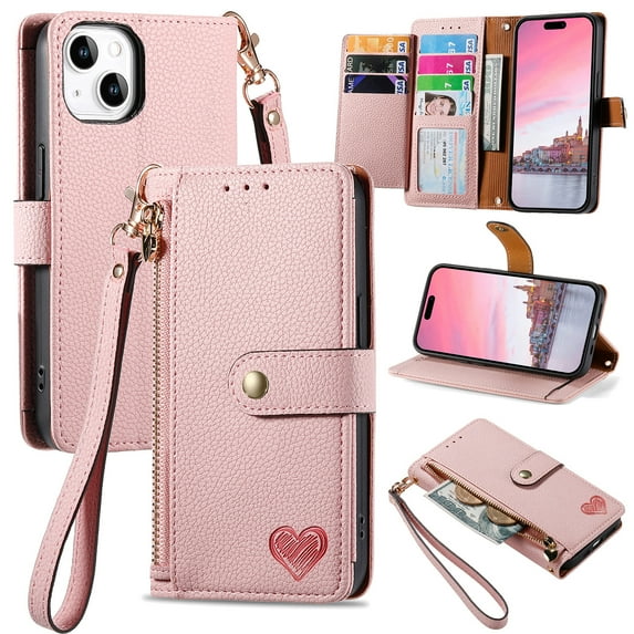 ELEHOLD Wallet Case for iPhone 15, RFID Blocking 7 Card Slots Magnetic Zipper Purse with Wristlet Strap Stand PU Leather Shockproof TPU Shell Compatible with iPhone 15 6.1",Pink