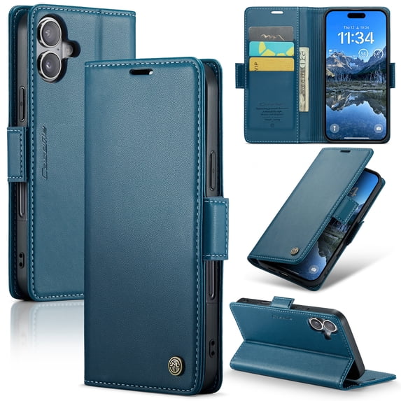 ELEHOLD Wallet Case for iPhone 16 Plus Premium Leather Case wih RFID Blocking Function Card Slots Kickstand Magnetic Clasp Shockproof Cover for Men Women for iPhone 16 Plus,Blue
