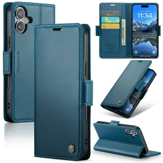 ELEHOLD Wallet Case for iPhone 16 Plus Premium Leather Case wih RFID Blocking Function Card Slots Kickstand Magnetic Clasp Shockproof Cover for Men Women for iPhone 16 Plus,Blue