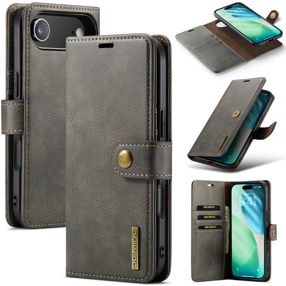ELEHOLD Wallet Case For iPhone 17 Air , 2-in-1 Vintage Leather WalletMagnetic Detachable Flip Folio Stand Slim Shockproof Case Cover with Card Slots For iPhone 17 Air,Gray