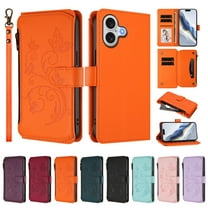 ELEHOLD Wallet Case For iPhone 17,  Butterfly Flower Pattern Leather Flip Kickstand Card Holder Zipper Pocket Magnetic Closure Cover With Crossbody Strap Lanyard  , Orange
