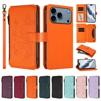 ELEHOLD Wallet Case For iPhone 17 Pro,  Butterfly Flower Pattern Leather Flip Kickstand Card Holder Zipper Pocket Magnetic Closure Cover With Crossbody Strap Lanyard  , Orange
