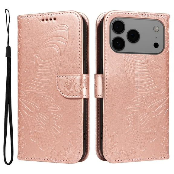 ELEHOLD Wallet Case for iPhone 17 Pro Max, Butterfly Embossed Phone Case with Kickstand and Card Slots, Shockproof Leather Cover with Wrist Strap,Rosegold