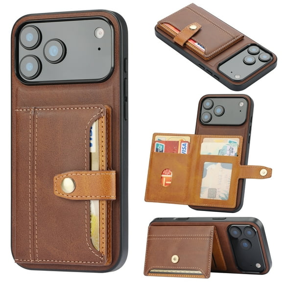 ELEHOLD Wallet Case for iPhone 17 Pro Max,Premium Leather Back Card Slots Card Holders Kickstand Magnetic Closure Shockproof Rugged Case Cover, Coffee