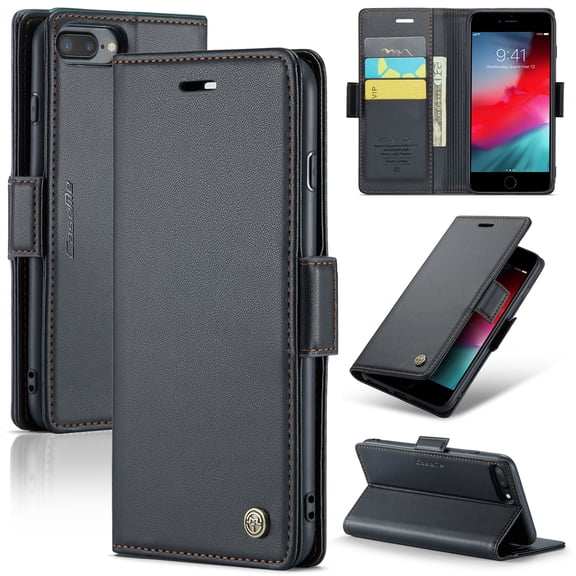 ELEHOLD Wallet Case For iPhone 7 / 8 / SE 2022 2020,Premium Leather Case wih RFID Blocking Function Card Slots Kickstand Magnetic Clasp Shockproof Cover for Men Women,Black