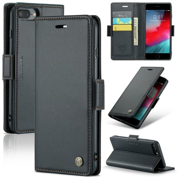 ELEHOLD Wallet Case For iPhone 8 Plus/7 Plus,Premium Leather Case wih RFID Blocking Function Card Slots Kickstand Magnetic Clasp Shockproof Cover for Men Women,Black