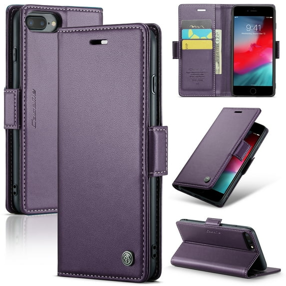 ELEHOLD Wallet Case For iPhone 8 Plus/7 Plus,Premium Leather Case wih RFID Blocking Function Card Slots Kickstand Magnetic Clasp Shockproof Cover for Men Women,Purple
