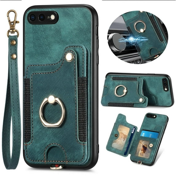 ELEHOLD Wallet Case for iPhone 8 Plus / iPhone 7 Plus with RFID Blocking Card Holder Wristlet Strap, Magnetic Button Flip Folio Kickstand Shockproof Phone Cover for Women Men,Green