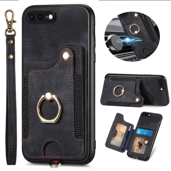 ELEHOLD Wallet Case for iPhone 8 Plus / iPhone 7 Plus with RFID Blocking Card Holder Wristlet Strap, Magnetic Button Flip Folio Kickstand Shockproof Phone Cover for Women Men,Black