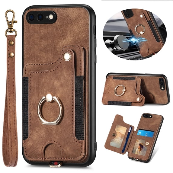 ELEHOLD Wallet Case for iPhone 8 / iPhone 7 / iPhone SE 2022 2020 with RFID Blocking Card Holder Wristlet Strap, Magnetic Button Flip Folio Kickstand Shockproof Phone Cover for Women Men,Brown