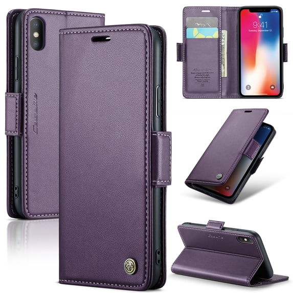 ELEHOLD Wallet Case For iPhone XR,Premium Leather Case wih RFID Blocking Function Card Slots Kickstand Magnetic Clasp Shockproof Cover for Men Women,Purple