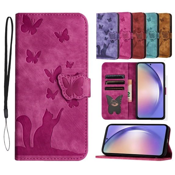 ELEHOLD Wallet Case for iPhone XS Max, Embossed Butterfly Cute Cat Soft PU Leather Folio Flip Shockproof Protective Credit Card Slots Holder Cover,Rose