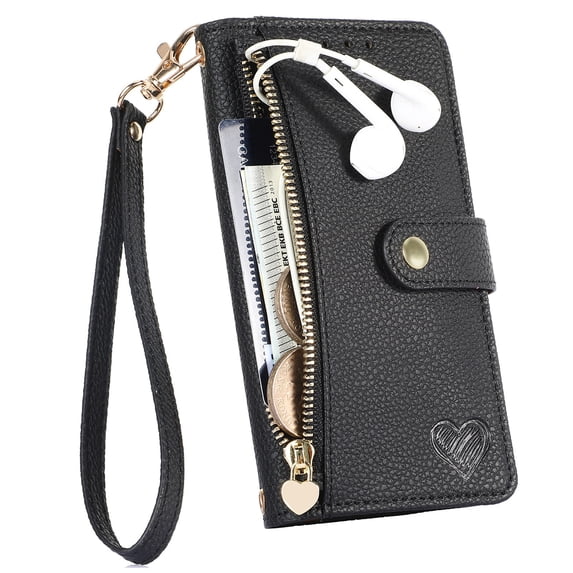 ELEHOLD Wallet Case for iPhone XS Max, RFID Blocking 7 Card Slots Magnetic Zipper Purse with Wristlet Strap Stand PU Leather Shockproof TPU Shell Compatible with iPhone XS Max,Black