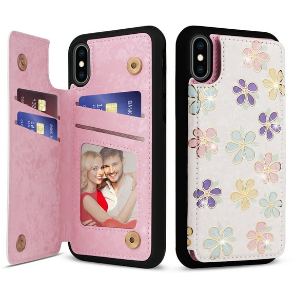 ELEHOLD Wallet Case for iPhone XS/X Case Beautiful Flower Floral Pattern with Back Card Holders Magnetic Button RFID Blocking Shockproof Protective Stand Case for iPhone XS/X,C