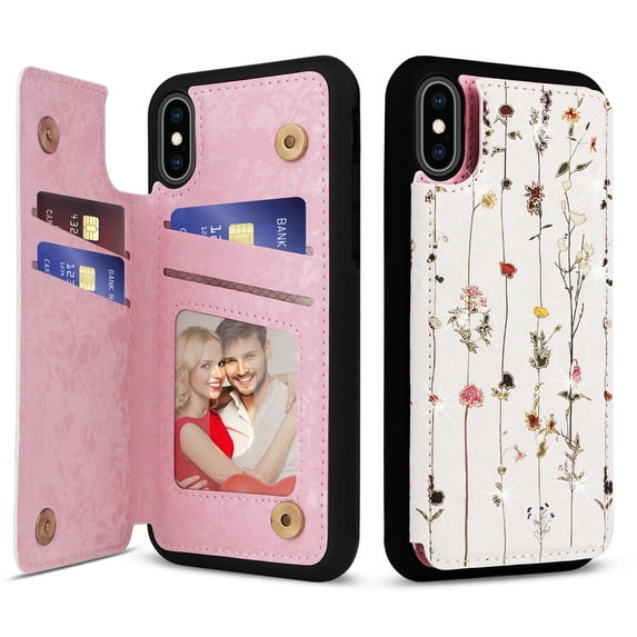 ELEHOLD Wallet Case for iPhone XS/X Case Beautiful Flower Floral Pattern with Back Card Holders Magnetic Button RFID Blocking Shockproof Protective Stand Case for iPhone XS/X,B