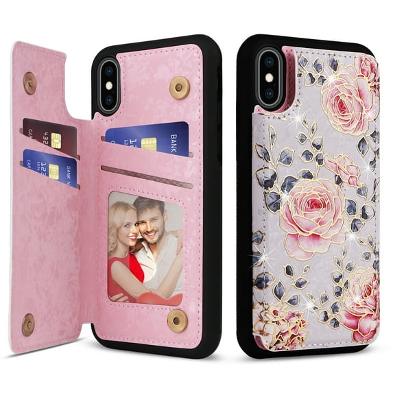 ELEHOLD Wallet Case for iPhone XS/X Case Beautiful Flower Floral Pattern with Back Card Holders Magnetic Button RFID Blocking Shockproof Protective Stand Case for iPhone XS/X,A
