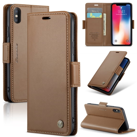 ELEHOLD Wallet Case For iPhone XS/X,Premium Leather Case wih RFID Blocking Function Card Slots Kickstand Magnetic Clasp Shockproof Cover for Men Women,Brown