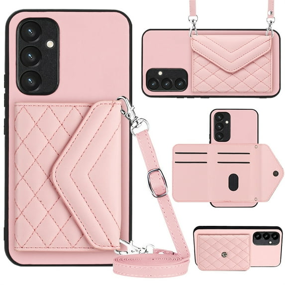 ELEHOLD Wallet Crossbody Case for Samsung Galaxy A05 Case with Flip Card Slots RFID Blocking Function Magnetic Closure Stand Detachable Crossbody Shoulder Strap for Women Girls,pink