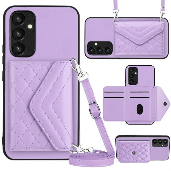 ELEHOLD Wallet Crossbody Case for Samsung Galaxy A05 Case with Flip Card Slots RFID Blocking Function Magnetic Closure Stand Detachable Crossbody Shoulder Strap for Women Girls,purple
