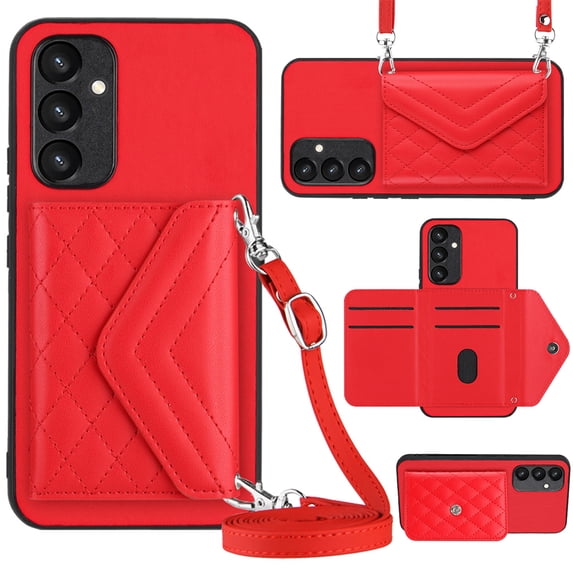 ELEHOLD Wallet Crossbody Case for Samsung Galaxy A05S Case with Flip Card Slots RFID Blocking Function Magnetic Closure Stand Detachable Crossbody Shoulder Strap for Women Girls,red