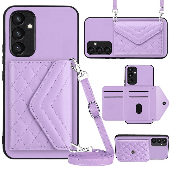 ELEHOLD Wallet Crossbody Case for Samsung Galaxy A34 5G Case with Flip Card Slots RFID Blocking Function Magnetic Closure Stand Detachable Crossbody Shoulder Strap for Women Girls,purple