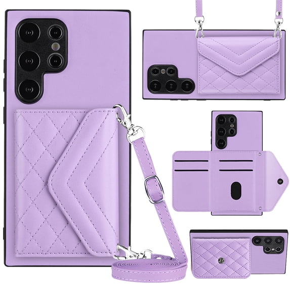 ELEHOLD Wallet Crossbody Case for Samsung Galaxy S22 Ultra Case with Flip Card Slots RFID Blocking Function Magnetic Closure Stand Detachable Crossbody Shoulder Strap for Women Girls,purple