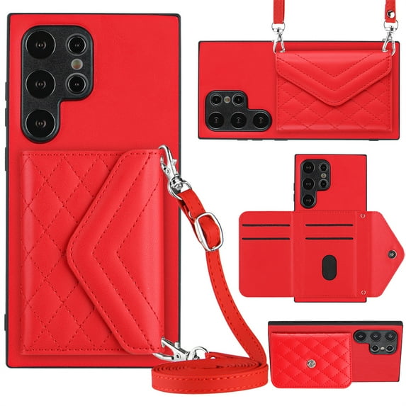ELEHOLD Wallet Crossbody Case for Samsung Galaxy S22 Ultra Case with Flip Card Slots RFID Blocking Function Magnetic Closure Stand Detachable Crossbody Shoulder Strap for Women Girls,red
