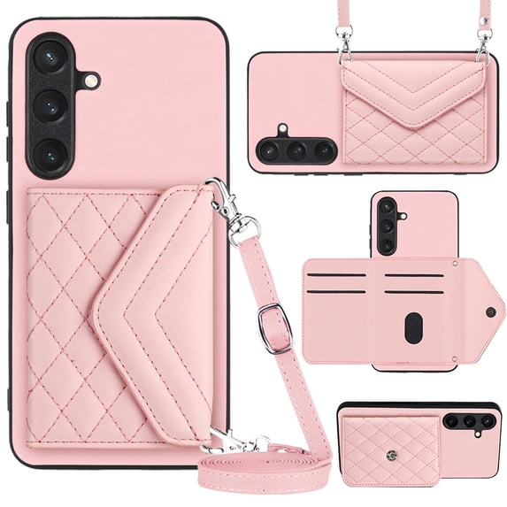 ELEHOLD Wallet Crossbody Case for Samsung Galaxy S23 FE Case with Flip Card Slots RFID Blocking Function Magnetic Closure Stand Detachable Crossbody Shoulder Strap for Women Girls,pink