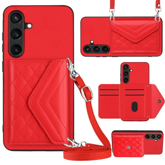 ELEHOLD Wallet Crossbody Case for Samsung Galaxy S23 FE Case with Flip Card Slots RFID Blocking Function Magnetic Closure Stand Detachable Crossbody Shoulder Strap for Women Girls,red
