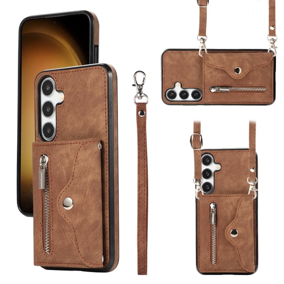 ELEHOLD Wallet Crossbody Case for Samsung Galaxy S23 FE with RFID Card Slots Zipper Pocket Kickstand Function Shockproof Galaxy S23 FE Purse Case with Detachable Shoulder Strap,Brown