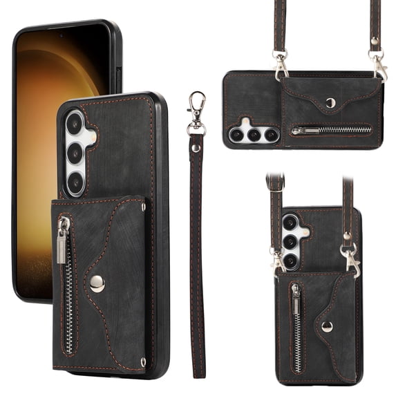 ELEHOLD Wallet Crossbody Case for Samsung Galaxy S23 FE with RFID Card Slots Zipper Pocket Kickstand Function Shockproof Galaxy S23 FE Purse Case with Detachable Shoulder Strap,Black