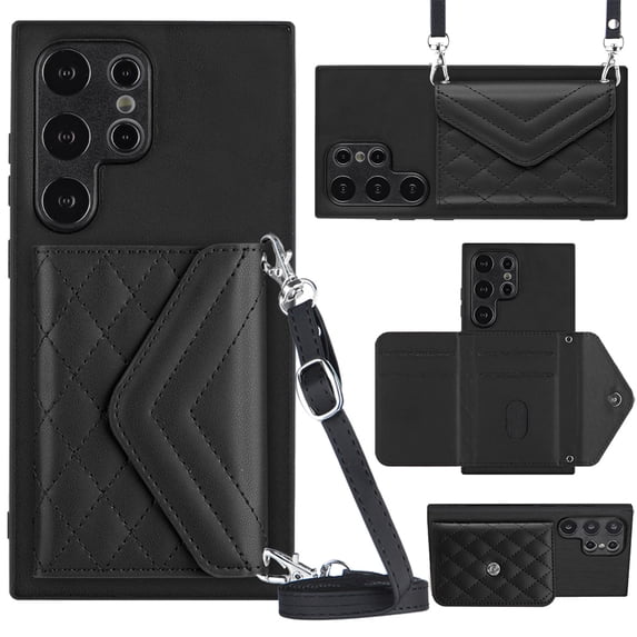 ELEHOLD Wallet Crossbody Case for Samsung Galaxy S23 Ultra Case with Flip Card Slots RFID Blocking Function Magnetic Closure Stand Detachable Crossbody Shoulder Strap for Women Girls,black
