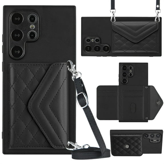 ELEHOLD Wallet Crossbody Case for Samsung Galaxy S23 Ultra Case with Flip Card Slots RFID Blocking Function Magnetic Closure Stand Detachable Crossbody Shoulder Strap for Women Girls,black