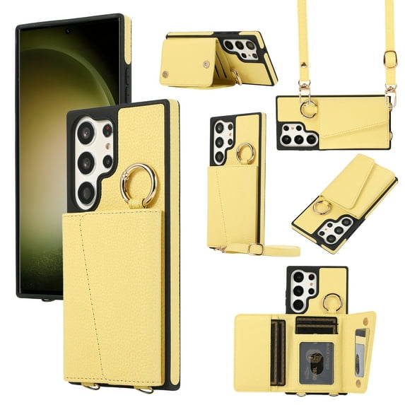 ELEHOLD Wallet Crossbody Case for Samsung Galaxy S23 Ultra,Lychee Texture Leather with Hidden Makeup Mirror Credit Card Slots All-Inclusive Lens Protection Ring Holder Shockproof Purse Cover,Yellow