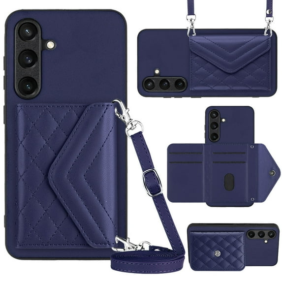 ELEHOLD Wallet Crossbody Case for Samsung Galaxy S24 Case with Flip Card Slots RFID Blocking Function Magnetic Closure Stand Detachable Crossbody Shoulder Strap for Women Girls,blue