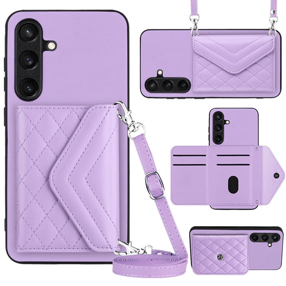 ELEHOLD Wallet Crossbody Case for Samsung Galaxy S24 Case with Flip Card Slots RFID Blocking Function Magnetic Closure Stand Detachable Crossbody Shoulder Strap for Women Girls,purple