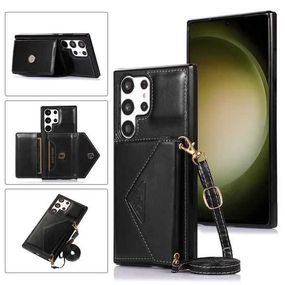 ELEHOLD Wallet Crossbody Case for Samsung Galaxy S24 with Detachable Strap,Magnetic Clasp Credit Card Holders PU Leather Kickstand Shockproof Case for Samsung S24 for Women Girls,Black