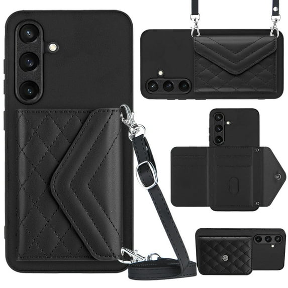 ELEHOLD Wallet Crossbody Case for Samsung Galaxy S24 Case with Flip Card Slots RFID Blocking Function Magnetic Closure Stand Detachable Crossbody Shoulder Strap for Women Girls,black