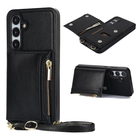 ELEHOLD Wallet Crossbody Case for Samsung Galaxy S24 Plus,Back Flip Card Slots Zipper Pocket Kickstand Function Shockproof Purse Case with Crossbody Strap,Black