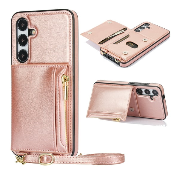 ELEHOLD Wallet Crossbody Case for Samsung Galaxy S24 Plus,Back Flip Card Slots Zipper Pocket Kickstand Function Shockproof Purse Case with Crossbody Strap,Rosegold
