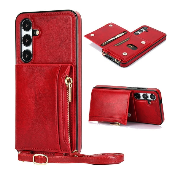 ELEHOLD Wallet Crossbody Case for Samsung Galaxy S24 Plus,Back Flip Card Slots Zipper Pocket Kickstand Function Shockproof Purse Case with Crossbody Strap,Red
