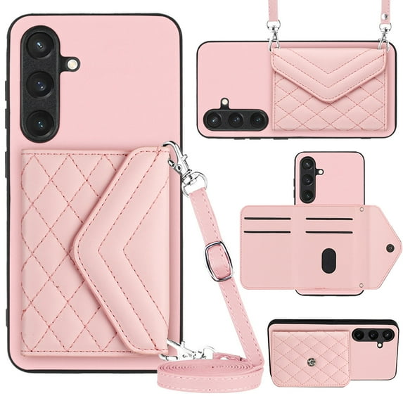 ELEHOLD Wallet Crossbody Case for Samsung Galaxy S24 Plus Case with Flip Card Slots RFID Blocking Function Magnetic Closure Stand Detachable Crossbody Shoulder Strap for Women Girls,pink