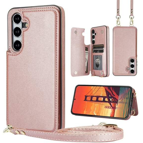 ELEHOLD Wallet Crossbody Case for Samsung Galaxy S24 Plus Premium PU Leather Cover with Flip Back Card Holders Kickstand Function Detachable Strap for Samsung Galaxy S24 Plus Purse Case,Pink