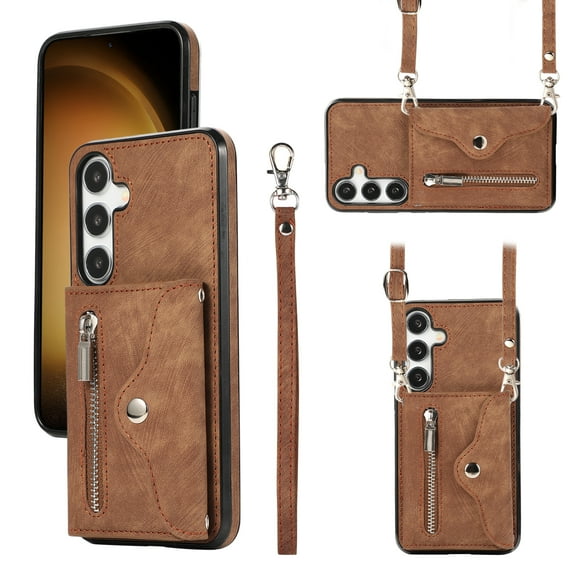 ELEHOLD Wallet Crossbody Case for Samsung Galaxy S24 Plus with RFID Card Slots Zipper Pocket Kickstand Function Shockproof Galaxy S24 Plus Purse Case with Detachable Shoulder Strap,Brown