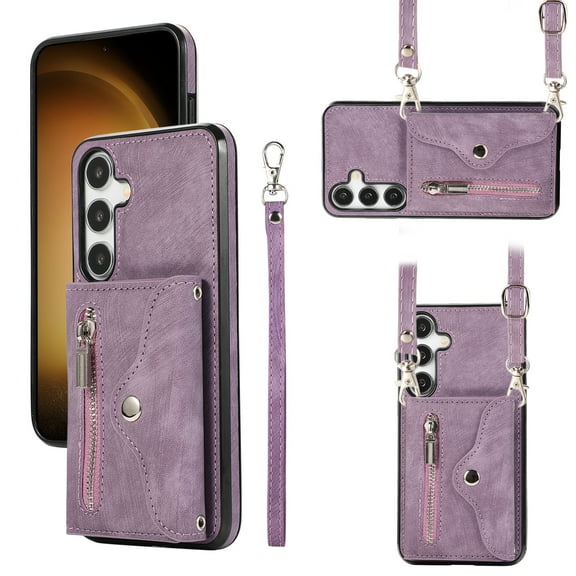 ELEHOLD Wallet Crossbody Case for Samsung Galaxy S24 with RFID Card Slots Zipper Pocket Kickstand Function Shockproof Galaxy S24 Purse Case with Detachable Shoulder Strap,Purple
