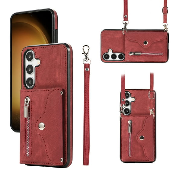 ELEHOLD Wallet Crossbody Case for Samsung Galaxy S24 with RFID Card Slots Zipper Pocket Kickstand Function Shockproof Galaxy S24 Purse Case with Detachable Shoulder Strap,Red