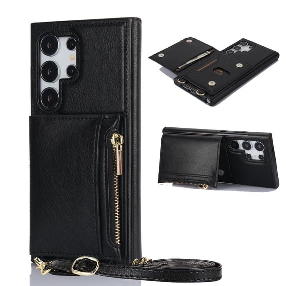 ELEHOLD Wallet Crossbody Case for Samsung Galaxy S24 Ultra,Back Flip Card Slots Zipper Pocket Kickstand Function Shockproof Purse Case with Crossbody Strap,Black